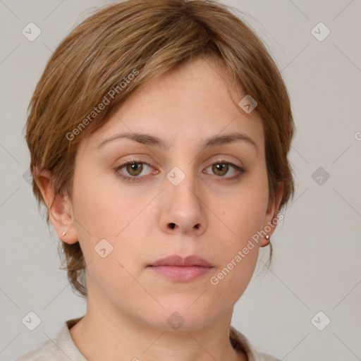 Neutral white young-adult female with medium  brown hair and brown eyes