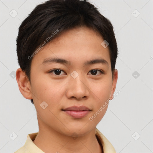 Neutral asian young-adult female with short  brown hair and brown eyes
