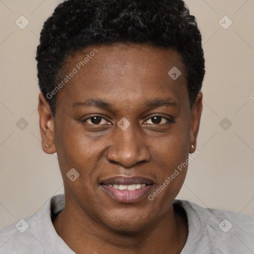 Joyful black young-adult male with short  brown hair and brown eyes