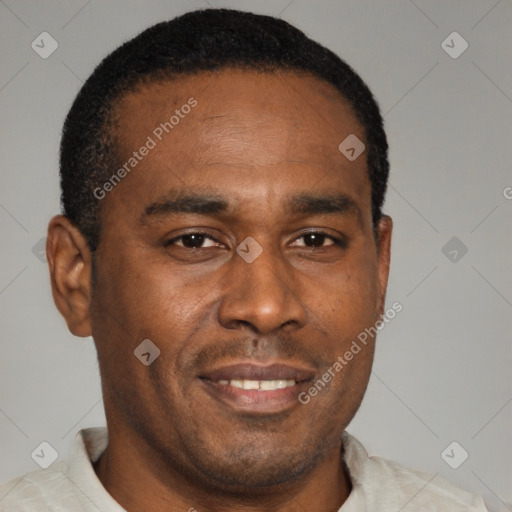 Joyful latino adult male with short  brown hair and brown eyes
