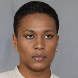 Neutral black young-adult female with short  brown hair and brown eyes