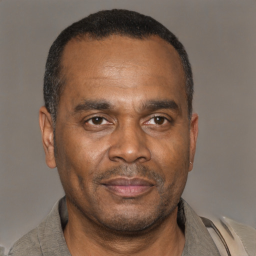 Neutral black adult male with short  black hair and brown eyes
