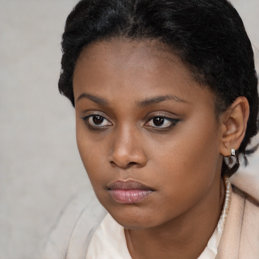 Neutral black young-adult female with long  brown hair and brown eyes