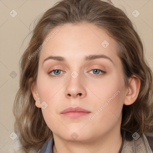 Neutral white young-adult female with medium  brown hair and grey eyes