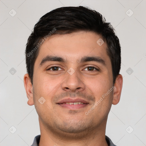 Joyful white young-adult male with short  brown hair and brown eyes