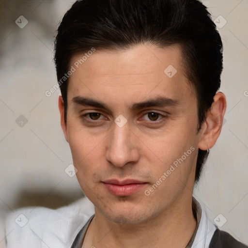 Neutral white young-adult male with short  brown hair and brown eyes