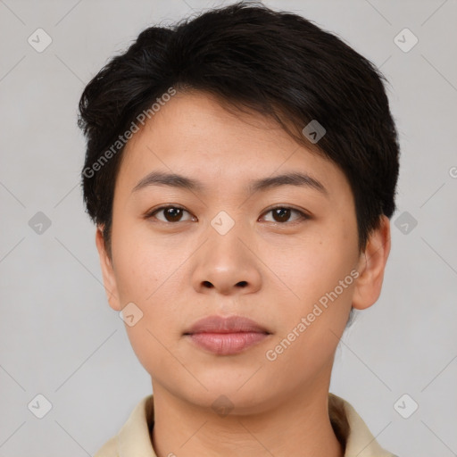 Neutral asian young-adult female with short  brown hair and brown eyes