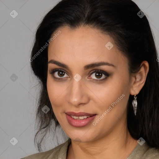 Joyful white young-adult female with long  brown hair and brown eyes