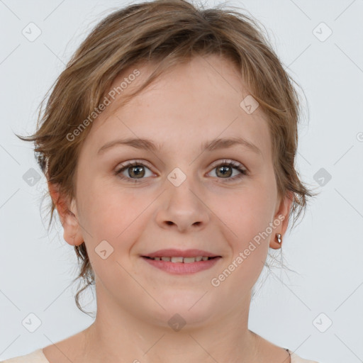 Joyful white young-adult female with medium  brown hair and blue eyes