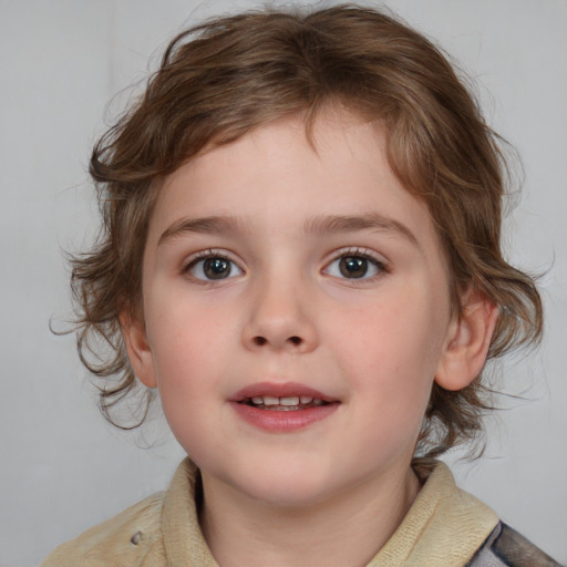 Joyful white child female with medium  brown hair and blue eyes