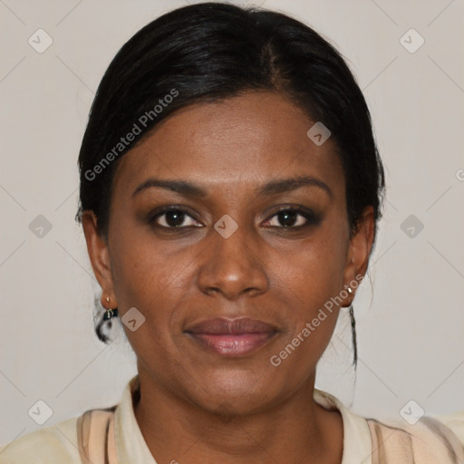 Joyful black adult female with medium  brown hair and brown eyes