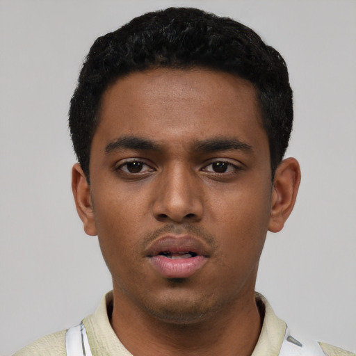 Neutral black young-adult male with short  black hair and brown eyes