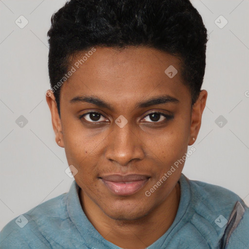 Joyful black young-adult male with short  black hair and brown eyes