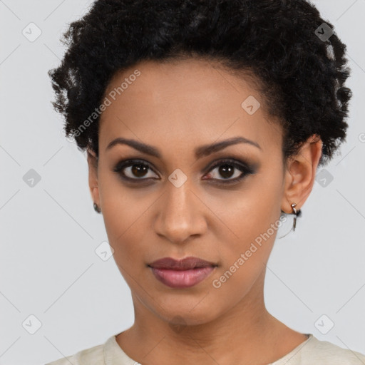 Joyful latino young-adult female with short  black hair and brown eyes