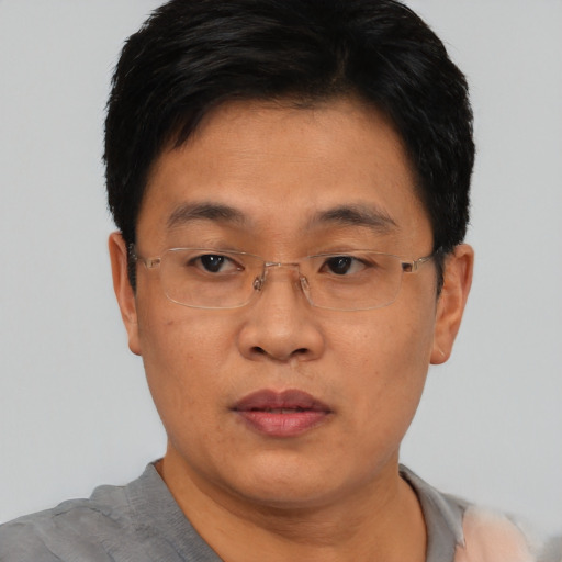 Neutral asian adult male with short  black hair and brown eyes
