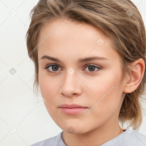 Neutral white young-adult female with medium  brown hair and brown eyes