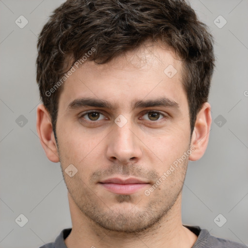 Neutral white young-adult male with short  brown hair and brown eyes