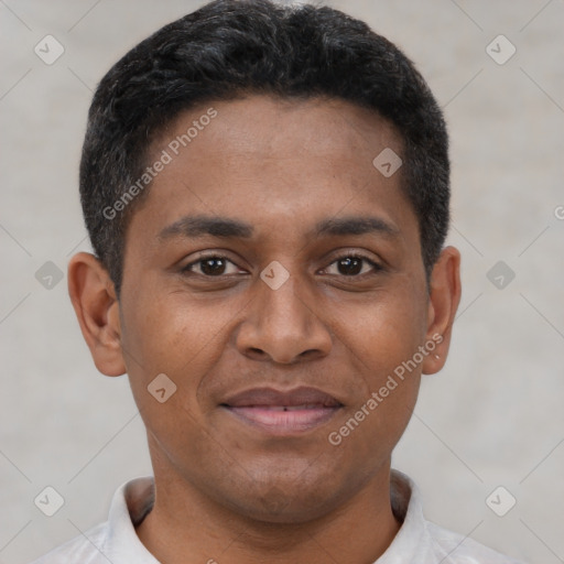 Joyful latino young-adult male with short  brown hair and brown eyes