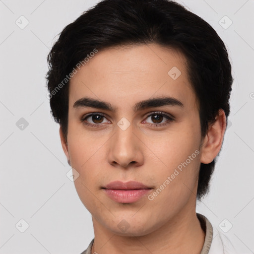 Neutral white young-adult female with short  brown hair and brown eyes