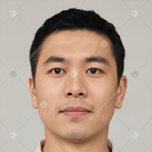 Neutral asian young-adult male with short  black hair and brown eyes