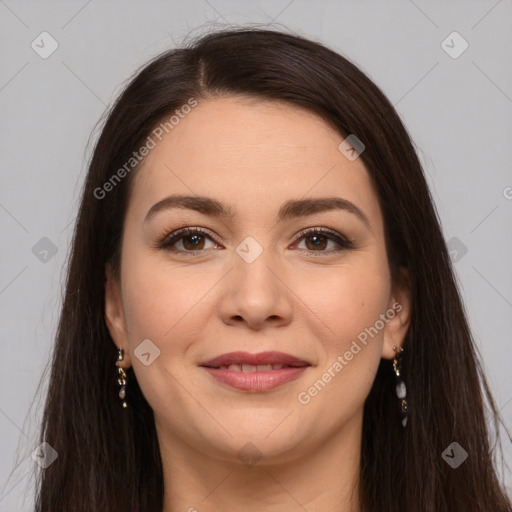 Joyful white young-adult female with long  brown hair and brown eyes