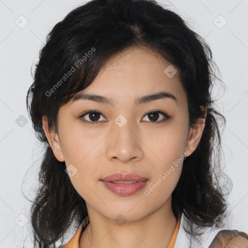 Neutral asian young-adult female with medium  brown hair and brown eyes