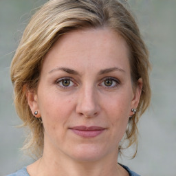 Joyful white adult female with medium  brown hair and grey eyes