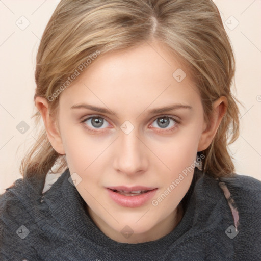 Joyful white young-adult female with long  brown hair and blue eyes