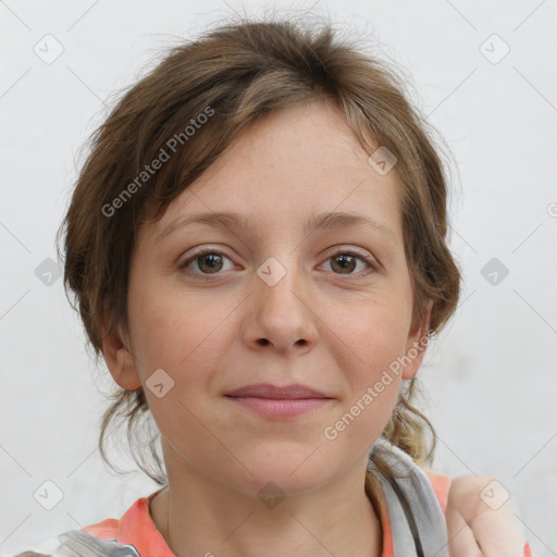 Joyful white young-adult female with medium  brown hair and blue eyes