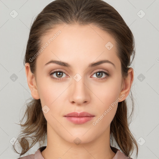 Neutral white young-adult female with medium  brown hair and brown eyes