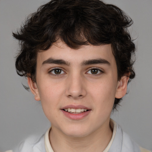 Joyful white young-adult male with medium  brown hair and brown eyes