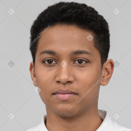 Neutral latino young-adult male with short  black hair and brown eyes