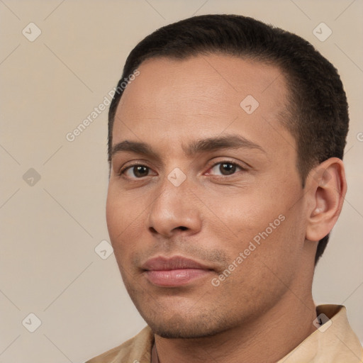 Neutral white young-adult male with short  brown hair and brown eyes