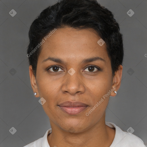 Joyful black adult female with short  black hair and brown eyes