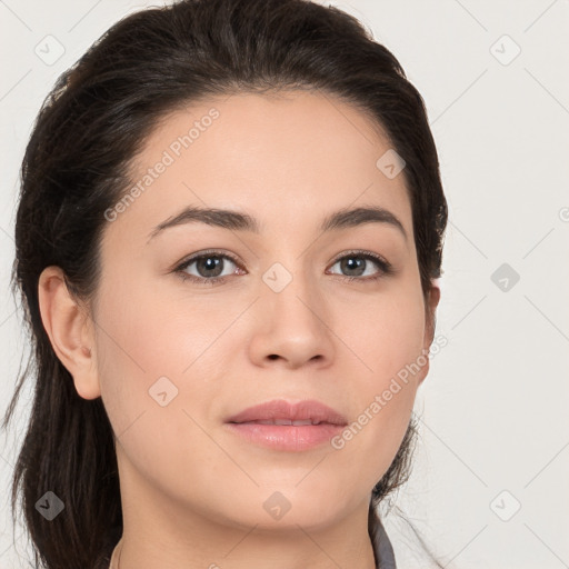 Neutral white young-adult female with long  brown hair and brown eyes