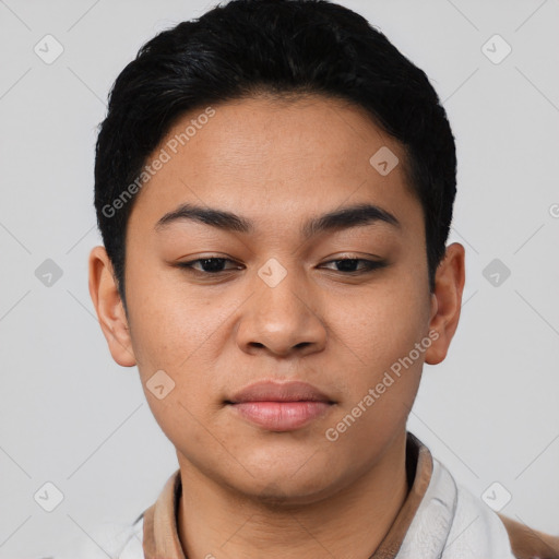 Joyful latino young-adult female with short  black hair and brown eyes