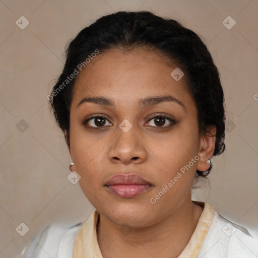 Neutral latino young-adult female with short  brown hair and brown eyes