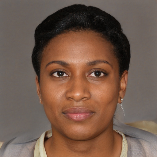 Joyful black young-adult female with short  black hair and brown eyes