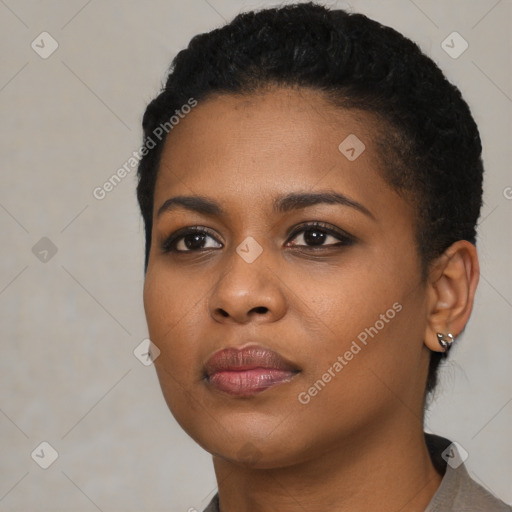 Neutral black young-adult female with short  black hair and brown eyes