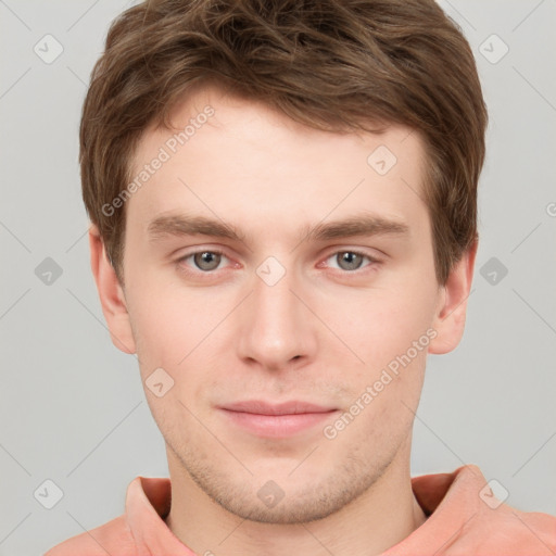 Neutral white young-adult male with short  brown hair and grey eyes