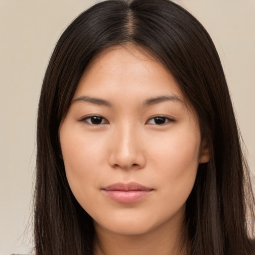 Neutral asian young-adult female with long  brown hair and brown eyes