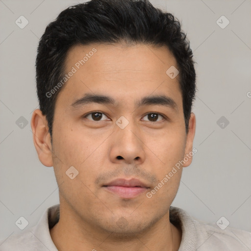 Neutral latino young-adult male with short  brown hair and brown eyes