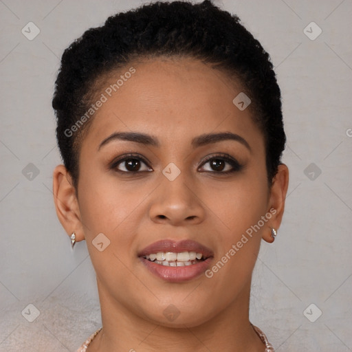 Joyful latino young-adult female with short  brown hair and brown eyes
