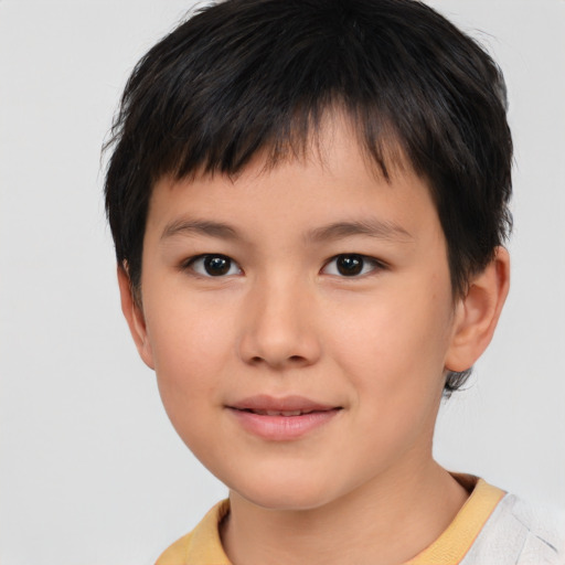 Joyful asian child male with short  brown hair and brown eyes