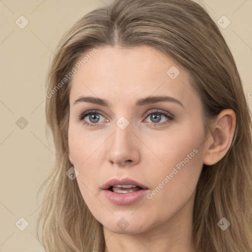 Neutral white young-adult female with long  brown hair and grey eyes