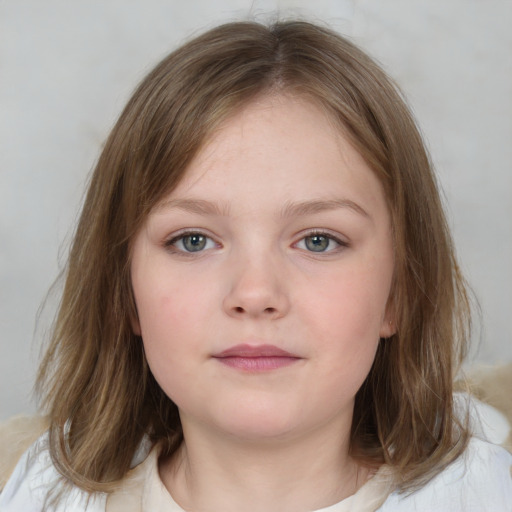 Neutral white child female with medium  brown hair and grey eyes