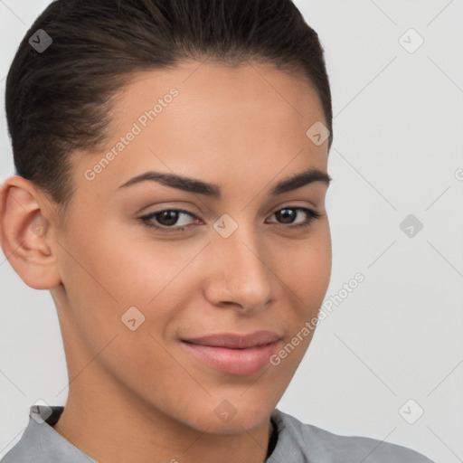 Joyful white young-adult female with short  brown hair and brown eyes