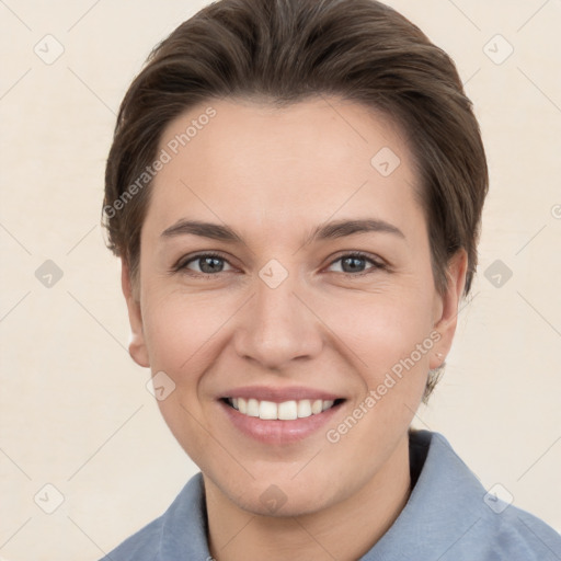 Joyful white young-adult female with short  brown hair and brown eyes