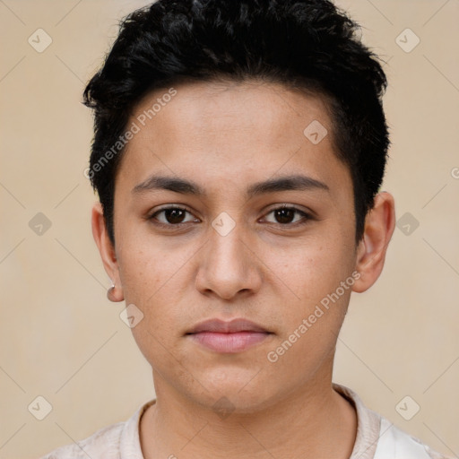 Neutral white young-adult male with short  black hair and brown eyes