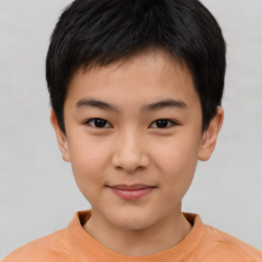 Joyful asian child male with short  brown hair and brown eyes